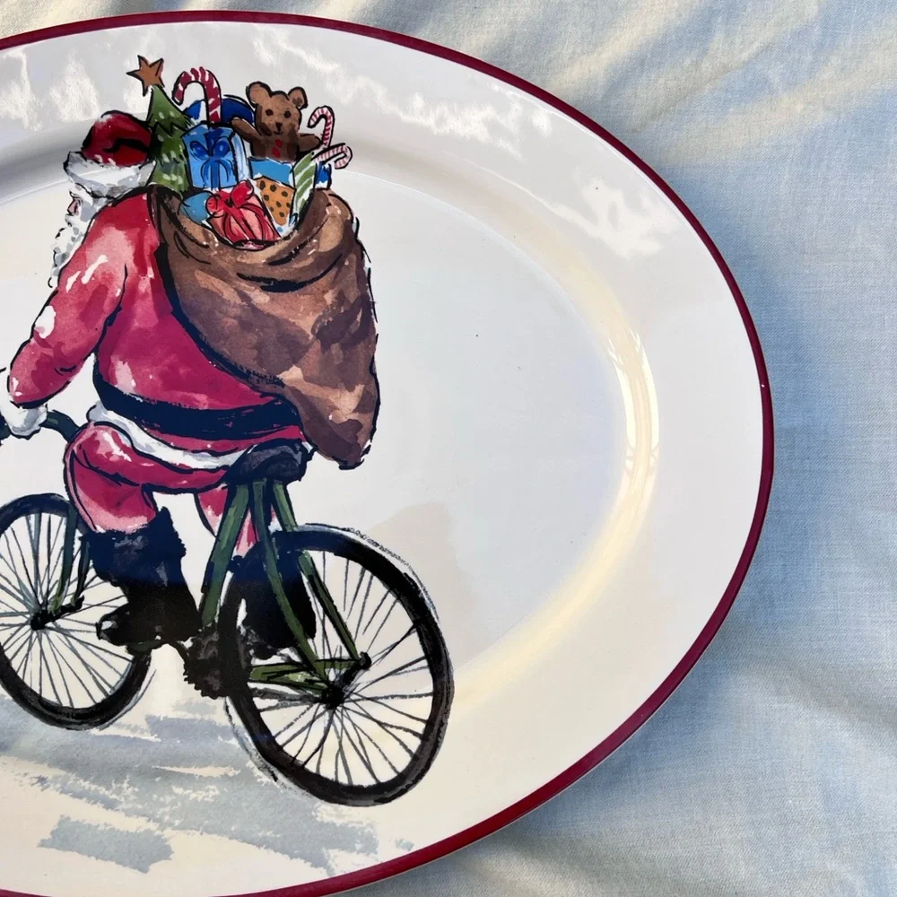 Pottery Barn Santa on Bike Oval Christmas Serving Platter‎ 15.25